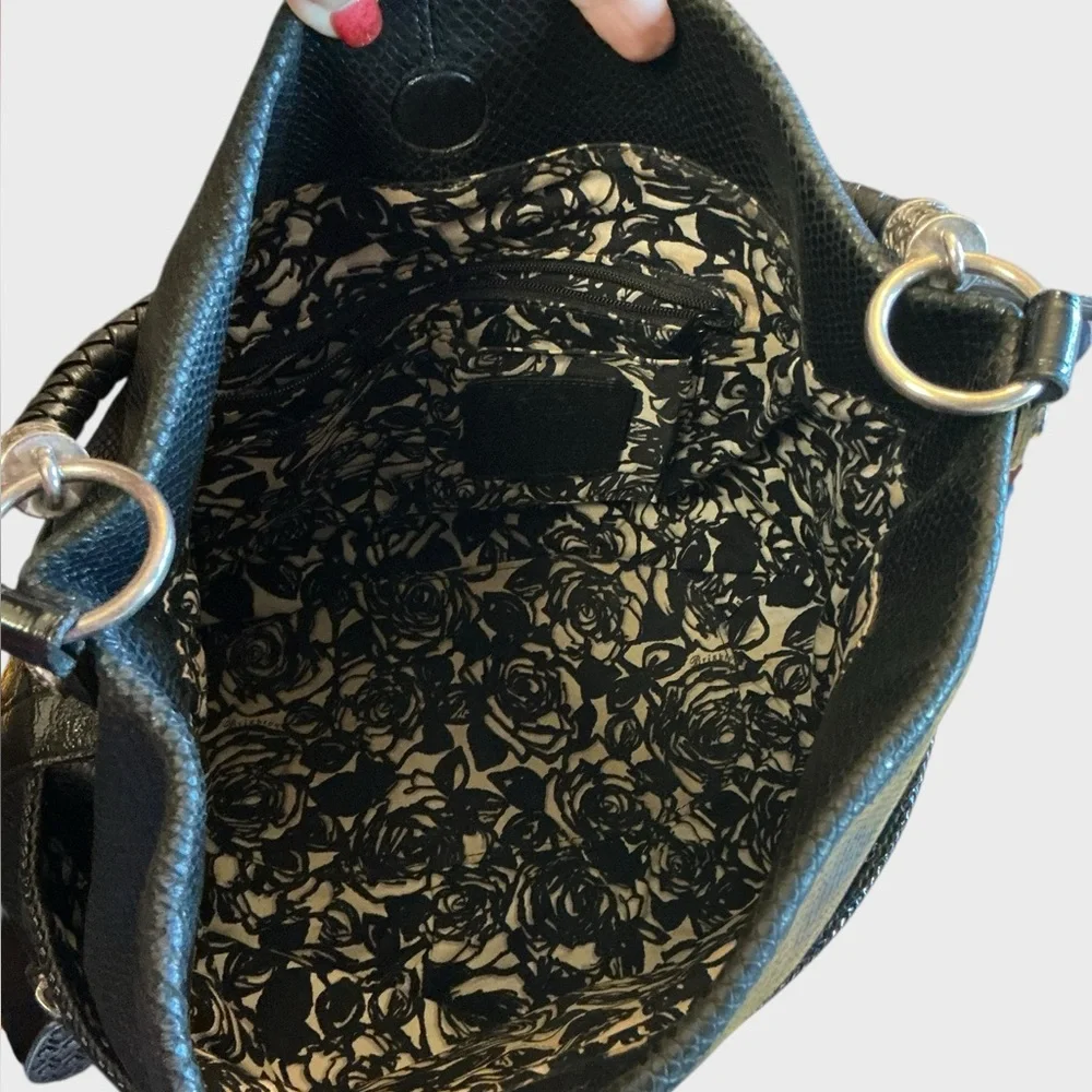 Brighton Black Leather Hobo Bag Snakeskin Embossed Silver Heart